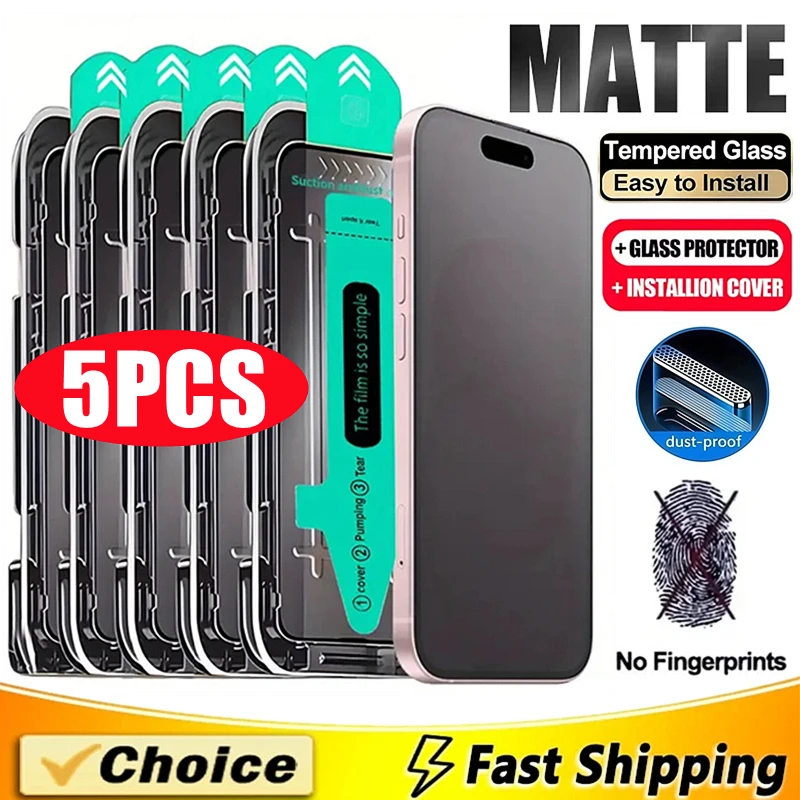 

5Pcs Oleophobic Dust Free Easy Installation Matte Screen Protector For iPhone 17 11 12 13 14 15 16 Pro Max XS X XR 16 Plus Glass