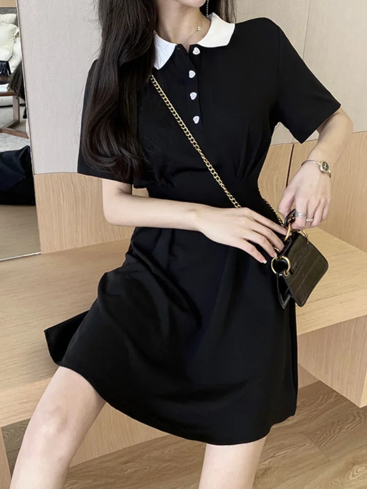 

Korean Button Dresses Women 2023 Vestidos De Mujer Tunic A-line Vintage Robe Femme Chic Short Sleeve Fashion Elegant Woman Dress