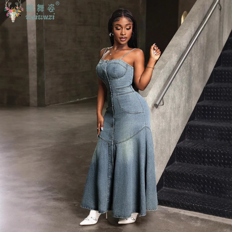 

Women Denim Dress Sleeveless Sexy Denim Sundress A-Line Slim Fit Long Dress Summer Elegant Girl Spaghetti Strap Maxi Dress Robe