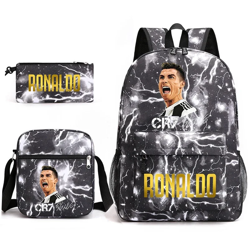 Ronaldo print student schoolbag 3-piece set youth backpack pencil case shoulder bag set