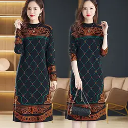 Women Vintage Print Patchwork Oversize Knit Dress 2024 New Autumn Winter Clothes Half High Collar Knee-length Female Sweater