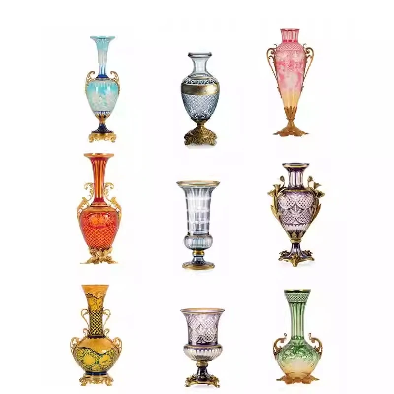 

High-end luxury vase, decorative ornament, large flower ware, living room copper with glass