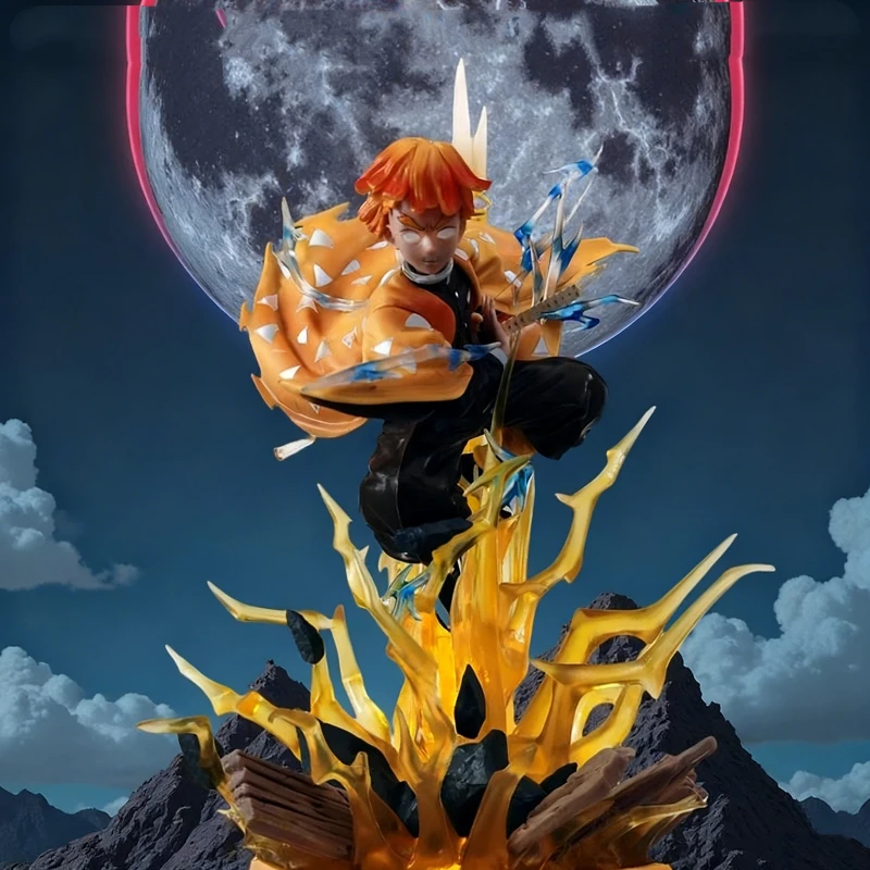 Demon Slayer 32 cm Agatsuma Zenitsu Dubbele Hoofd Sculptuur Figuur PVC Light-Up Standbeeld Anime Collectible Model Speelgoed kamer Decor Gift