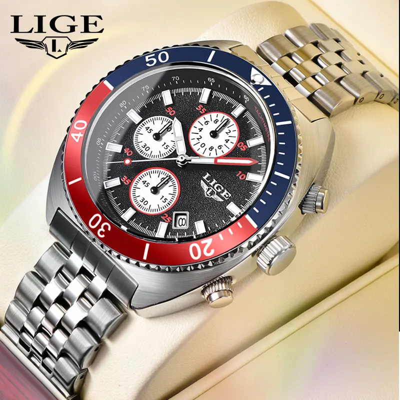 LIGE Fashion Mens Watch Stainless Steel Top Brand Luxury Sport Chronograph Quartz Watches For Men Wrist Watch Relogios Masculino