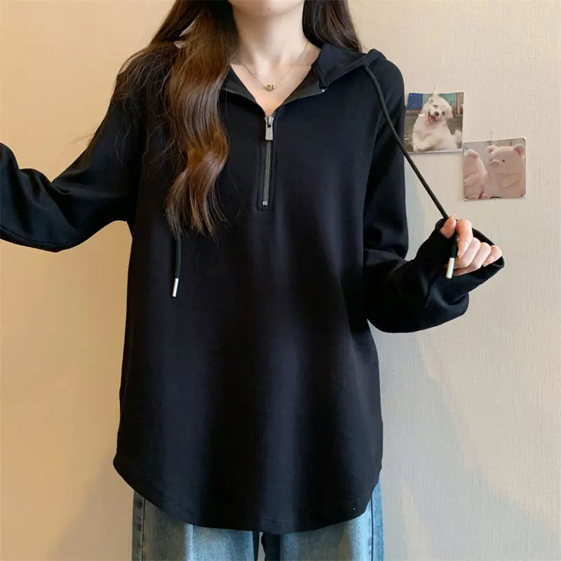 Basic Long Sleeve Zipper T-shirt Female Clothing Solid Color 2024 Spring Autumn Casual Loose Hooded Stylish Drawstring Pullovers