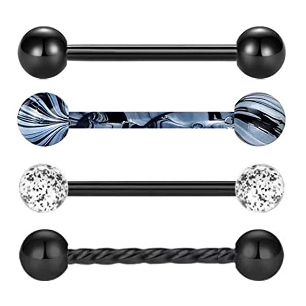 1Pcs/4PCS Black Acrylic Balls Tongue Barbell Splatter 316L Stainless Steel Bar Tongue Rings Piercing 16mm