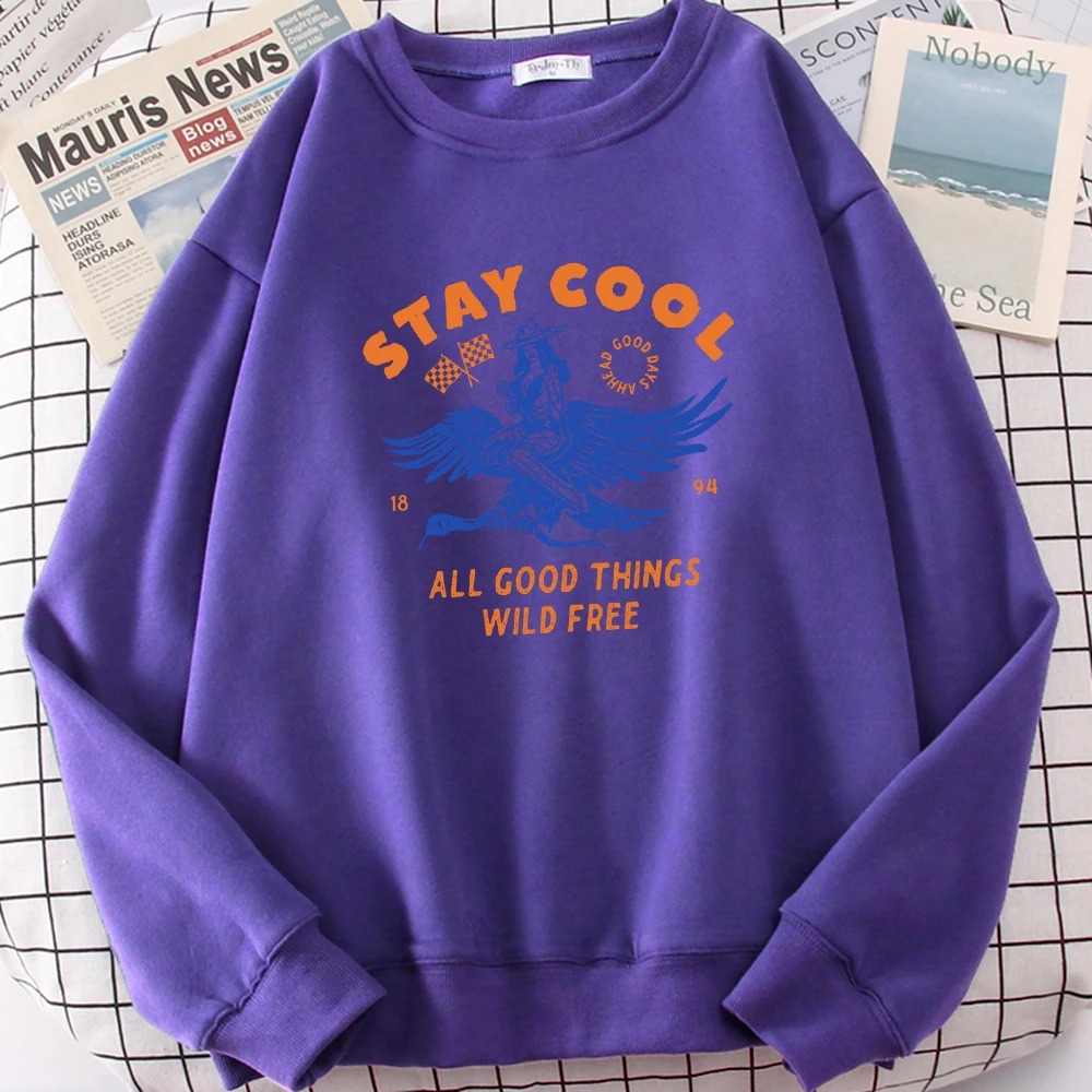 Stay Cool Western Cowboy Goddess Print Sweatshirt Women Street Crewneck Pullover Fleece All-Match Sportswear Hipster Autumn Top