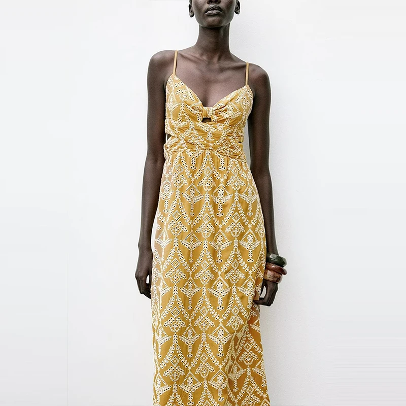 2025年夏新作 レディースファッション 刺繍プリント ノースリーブ ミディ丈ワンピース Zブランド ヨーロッパスタイル ポリエステル繊維00%