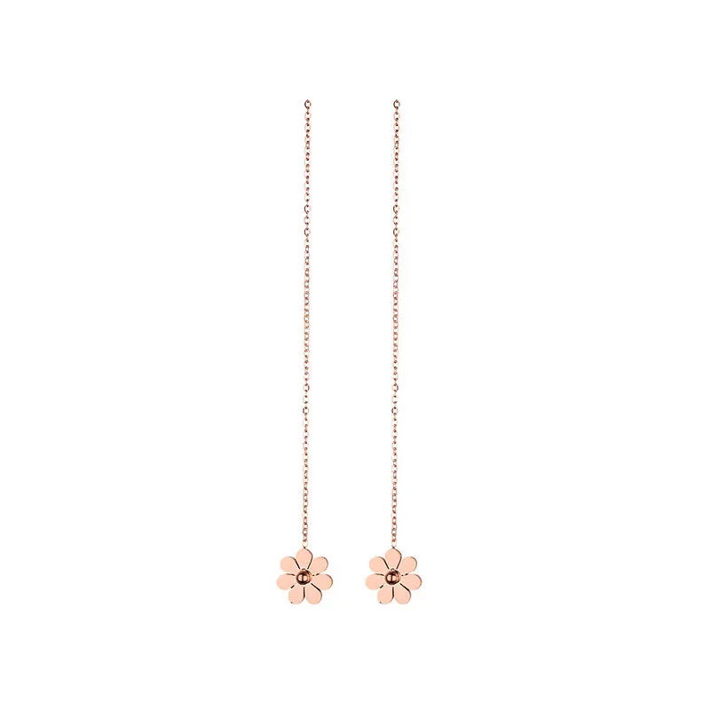 Stainless Steel Earrings with Chain Punk Flower Ear Line Rose Gold Color Long Dangle Earring for Women Jewelry