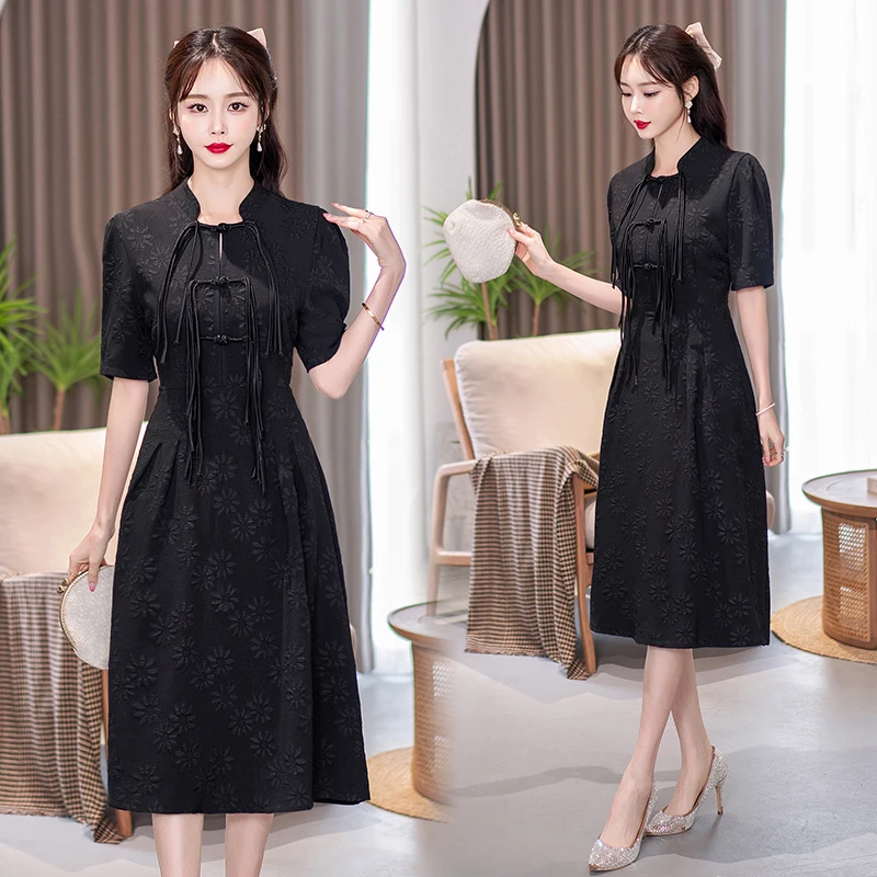 Elegant Retro Slim Young Black Improved Cheongsam Traditional Chinese Qipao Dress Clothing for Women