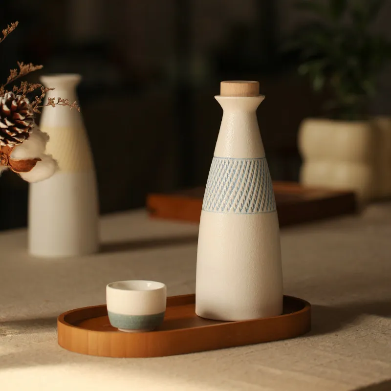 Ceramic Sake Bottle White Textured Liquor Decanter with Wooden Stopper Blue Pattern Band For Home Bar Sake Serving Table Decor