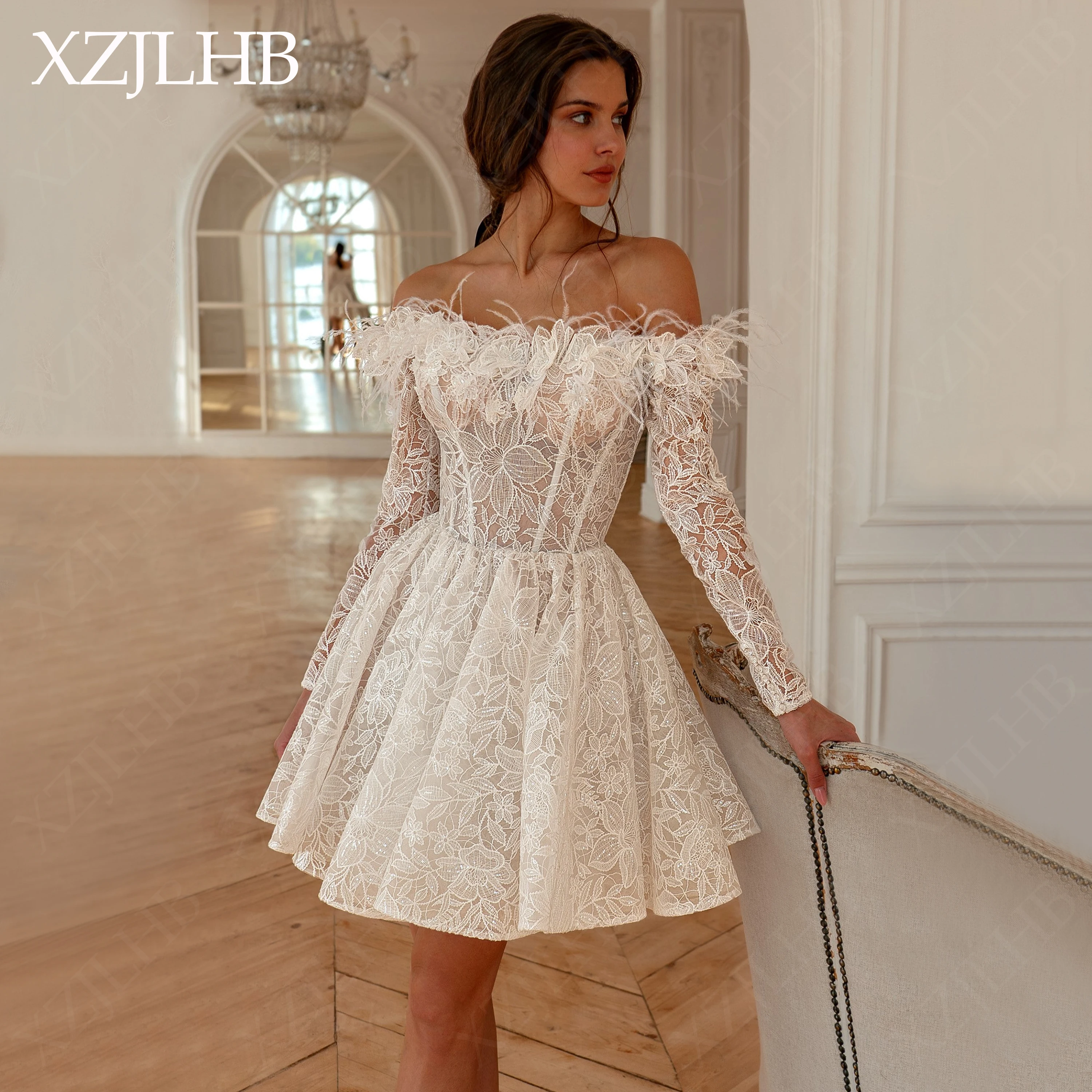 

Off Shoulder Lace Mini Wedding Dress 2026 Women's Feather Appliques Luxury Bridal Dresses Short Flared A-line свадебное платье