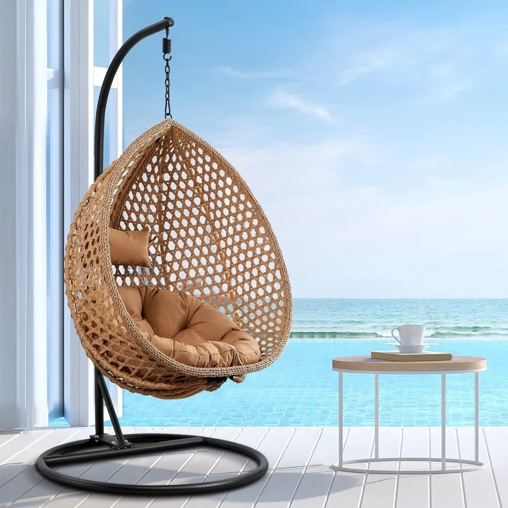 Hanging Egg Swing Chair with Stand, Rattan Wicker Hanging Egg Chair Hammock Indoor with Cushions, for Bedroom Outdoor Patio