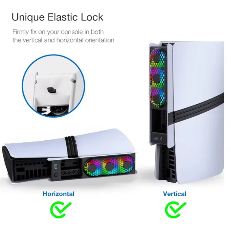 ABSQ-PS5 슬림/프로용 LED 조명 쿨링 팬 - 저소음, 고효율 냉각 시스템, 3단계 팬 속도 조절, USB 3.0 포트 탑재 PS5 쿨러