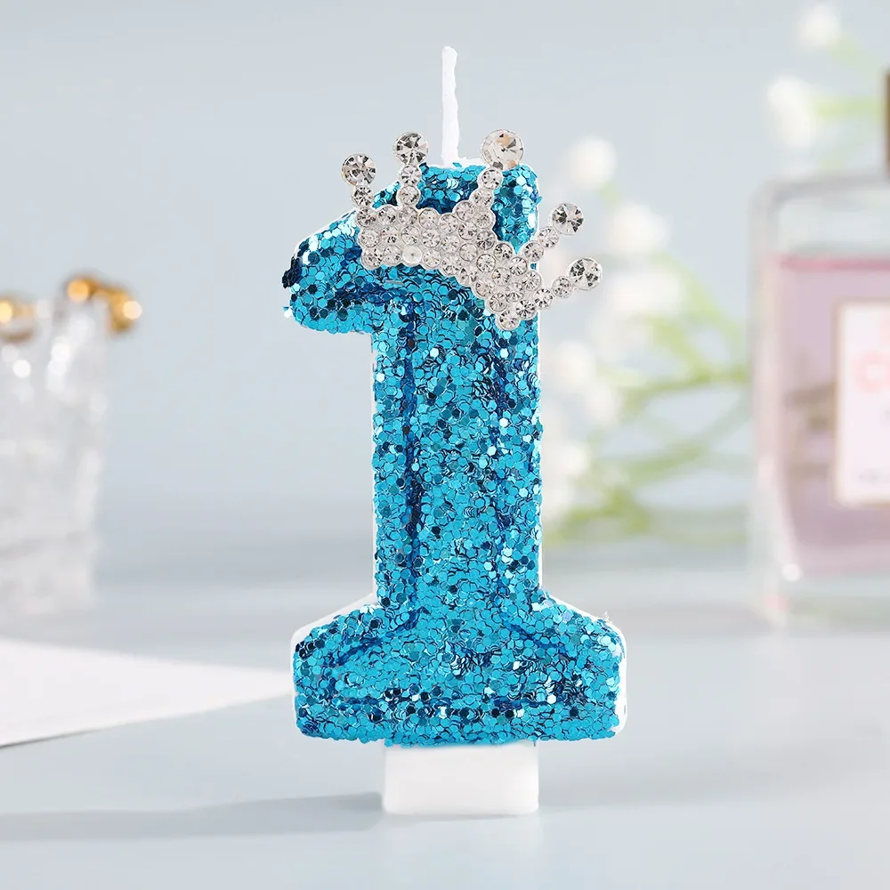 Blue Crown Number Birthday Candles 0-9 - Creative Glitter Cake Topper for Princess Girl Birthday Party Decor - view 4