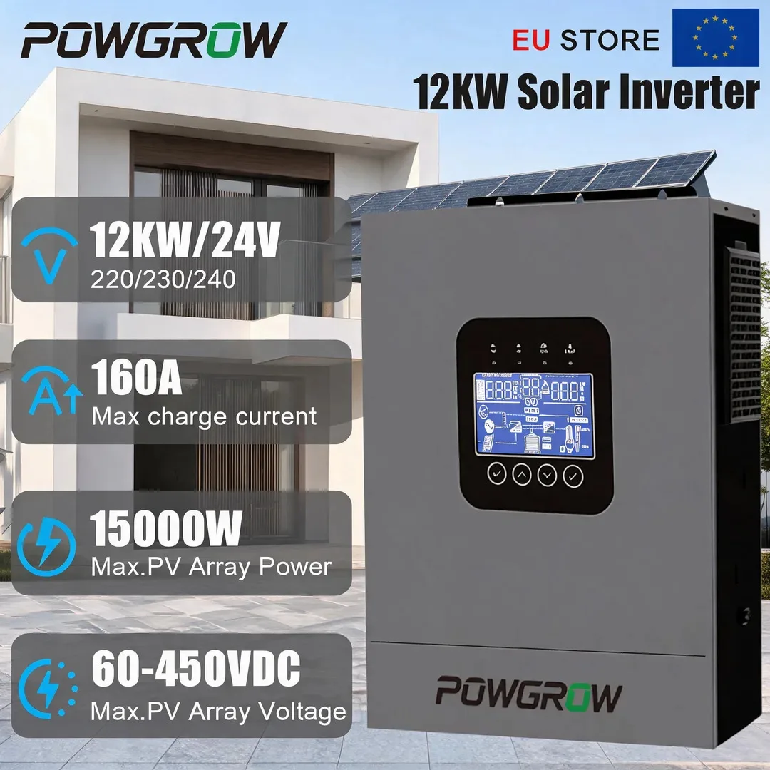 POWGROW Onduleur Solaire Hybride 12KW 48V Double MPPT 220V 60-500VDC 160A Onde Sinusoïdale Pure Fonctionnement Sans Batterie Avec Wifi Pour Maison Sans TVA