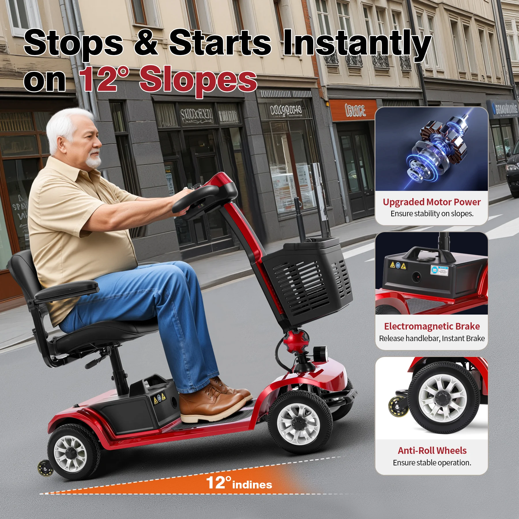 Unificare Red 14AH Foldable 4 Wheel Mobility Scooter Electromagnetic Brake Adjustable Swivel Seat Elderly Outdoor Travel view 2