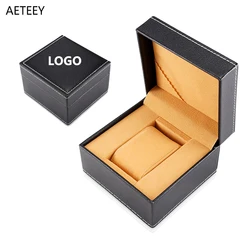 Black PU Leather Watch Cases White Thread Interior Brown Plush Watch Packaging Gift Storage Display Box Custom Logo for one Free