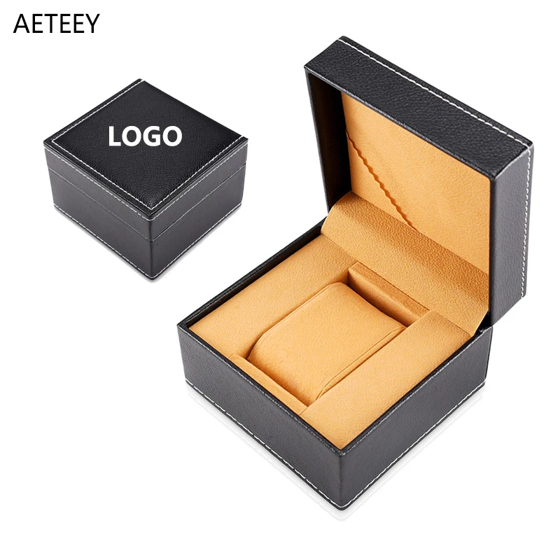 Black PU Leather Watch Cases White Thread Interior Brown Plush Watch Packaging Gift Storage Display Box Custom Logo for one Free