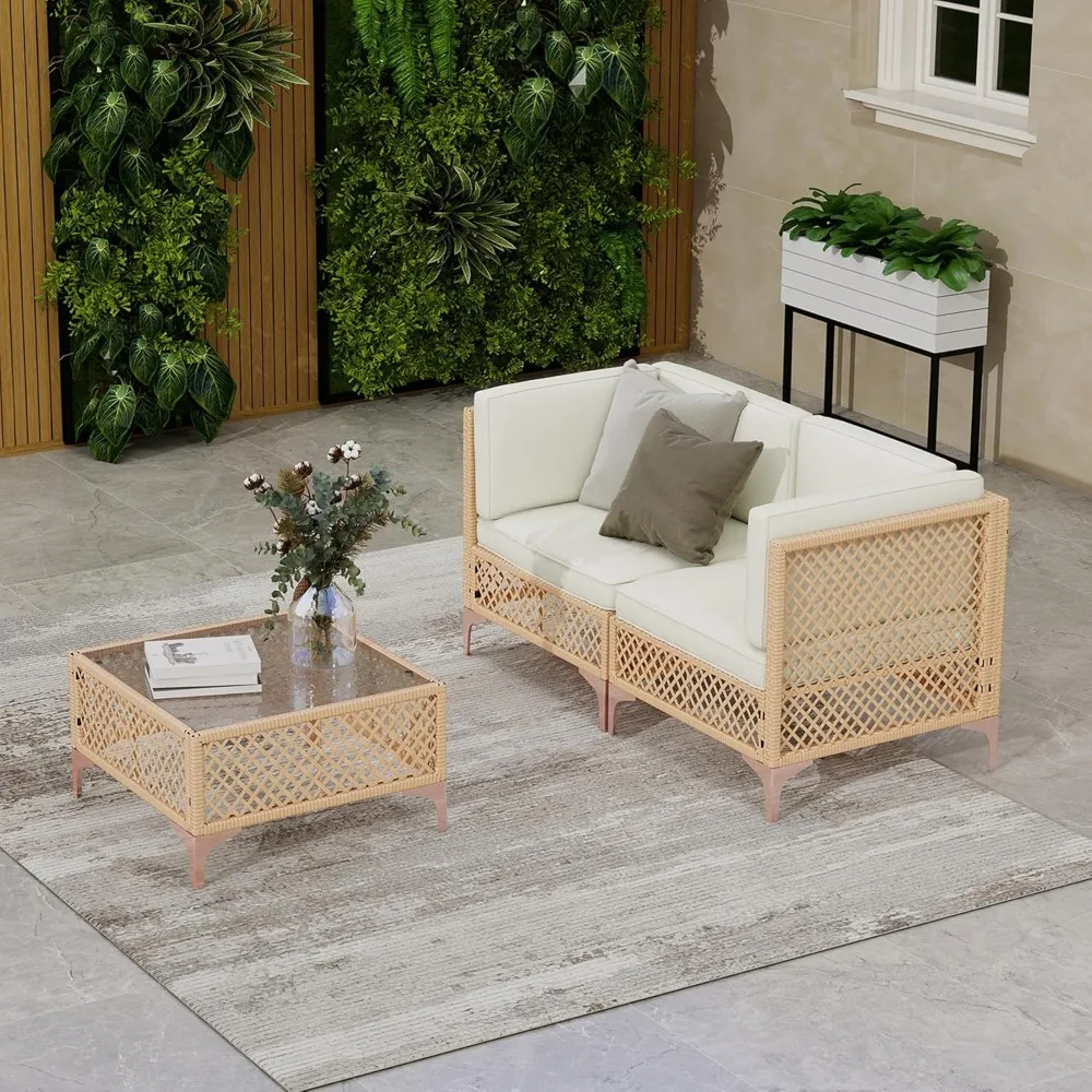 

Boho Chic Outdoor Sectional Set - Wicker Sofa & Tempered Glass Coffee Table​
