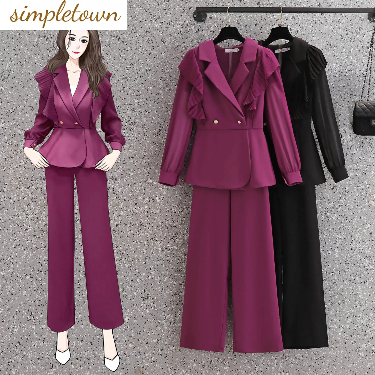 

Ruffle Edge Pleated Chiffon Shirt Jacket Casual Wide Leg Pants Two-piece Elegant Women's Pants Set Office Professional Outfits