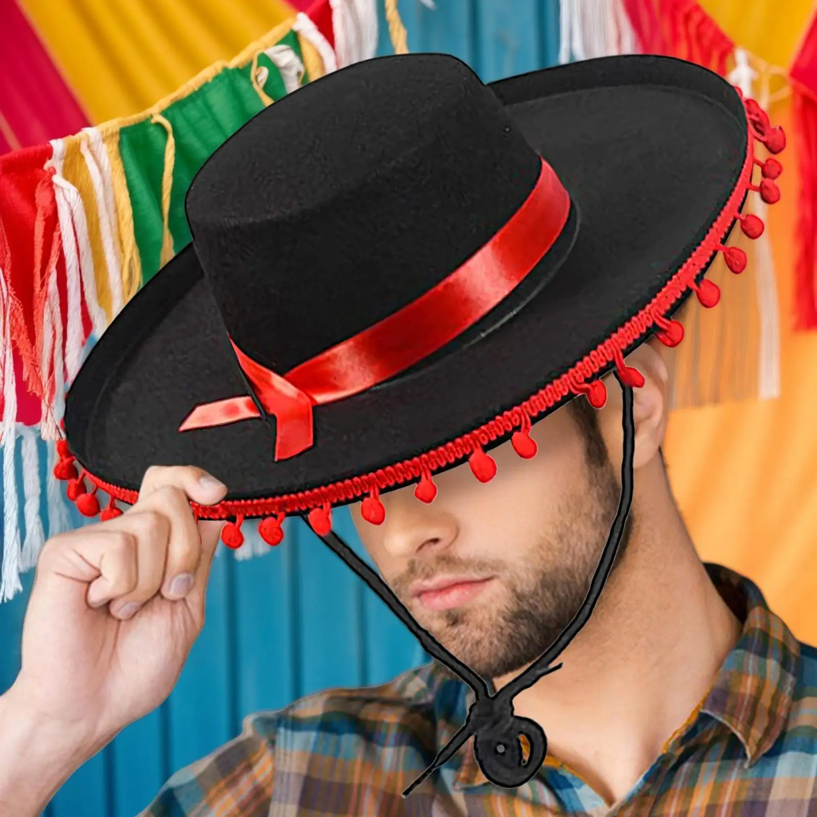 Sombreros Mexicanos Fuzz Ball para Actuaciones Escénicas, Baile, Disfraces, Sombrero Español de Ala Ancha
