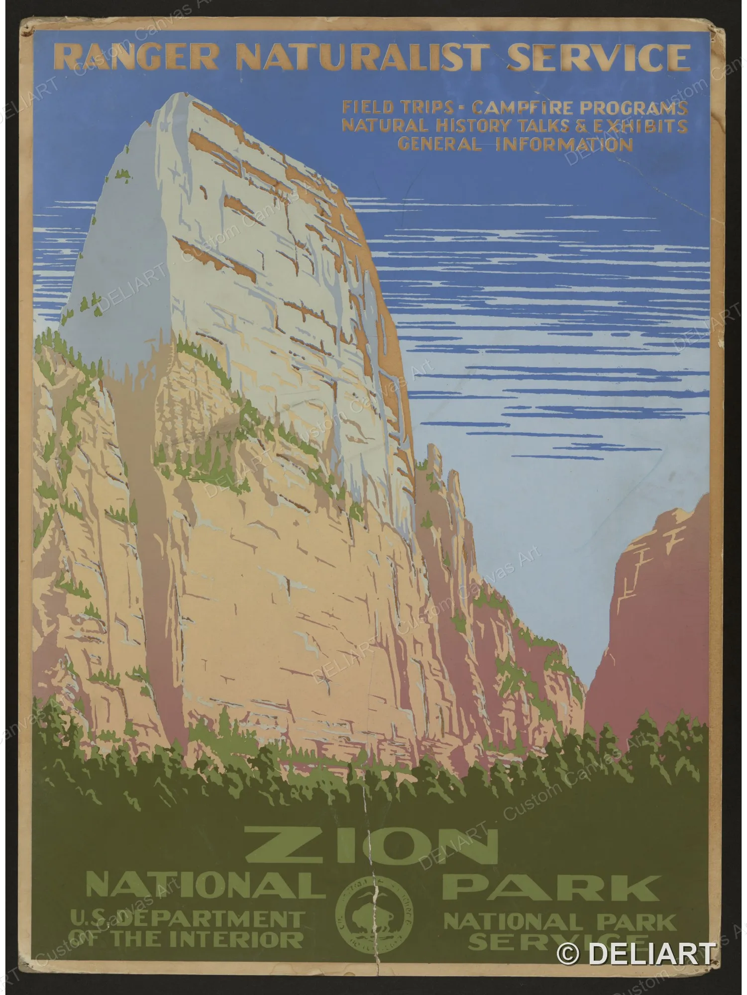 Zion National Park, Ranger Naturalist Service Vintage WPA National Park Travel Canvas Wall Art Poster Print Home Decor Unframed