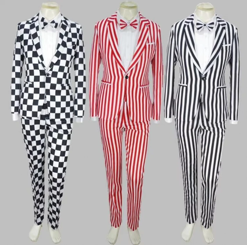 

Новые мужские свадебные костюмы Смокинг Комплект Slim Fit Мужские пальто Брендовый пиджак Черно-белые клетчатые полосатые куртки Платье Сценический костюм