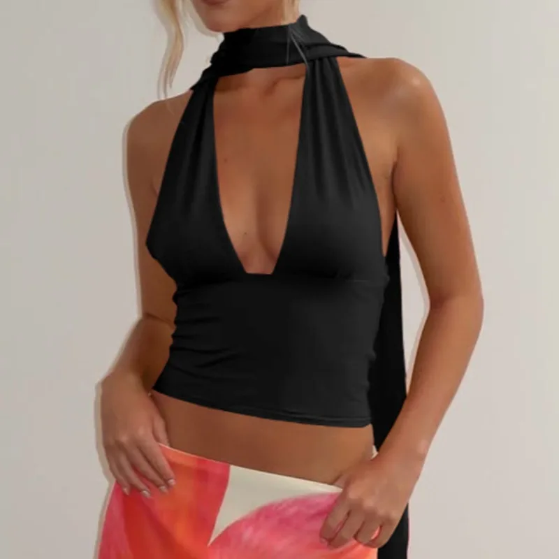 

Sexy Tank Top New V-Neck High Waist Party Club T-Shirt Summer Sleeveless Bandage Hollow Hanging Neck Tops Women Tops Sexy scarf