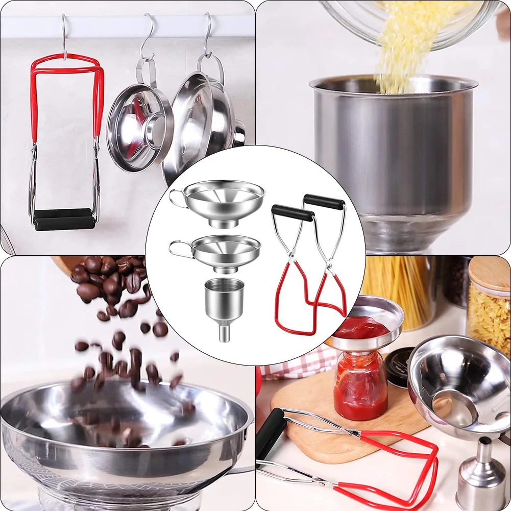 4Pcs Canning Funnel with Grip Handle Stainless Steel Canning Jar Lifter Multi-purpose Jam Funnel for Transferring Spices Liquids