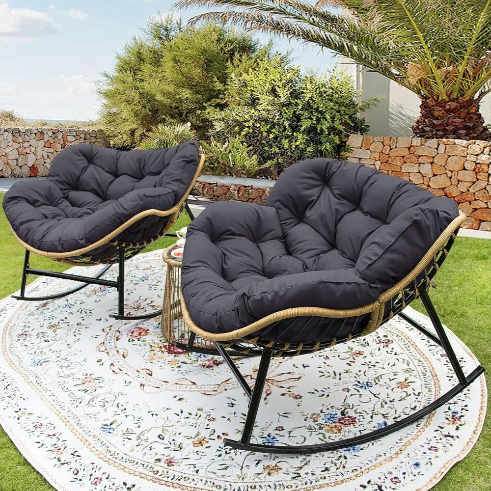 

Large Rocking Egg Chair 2 Pcs Indoor Outdoor 450lbs, Brown Wicker Royal Rocking Papasan Chair with Dark Grey Thick Cushion, Com