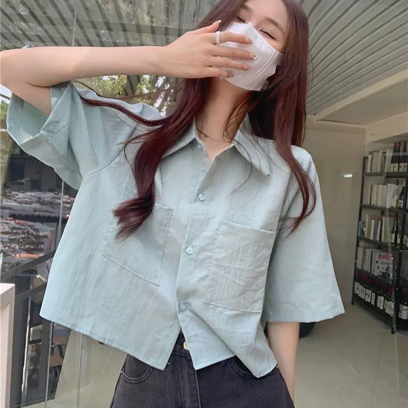 

Design Solid Color Short-sleeved Shirt Women's Summer Polo Collar Shirt Cool Loose Short Tops