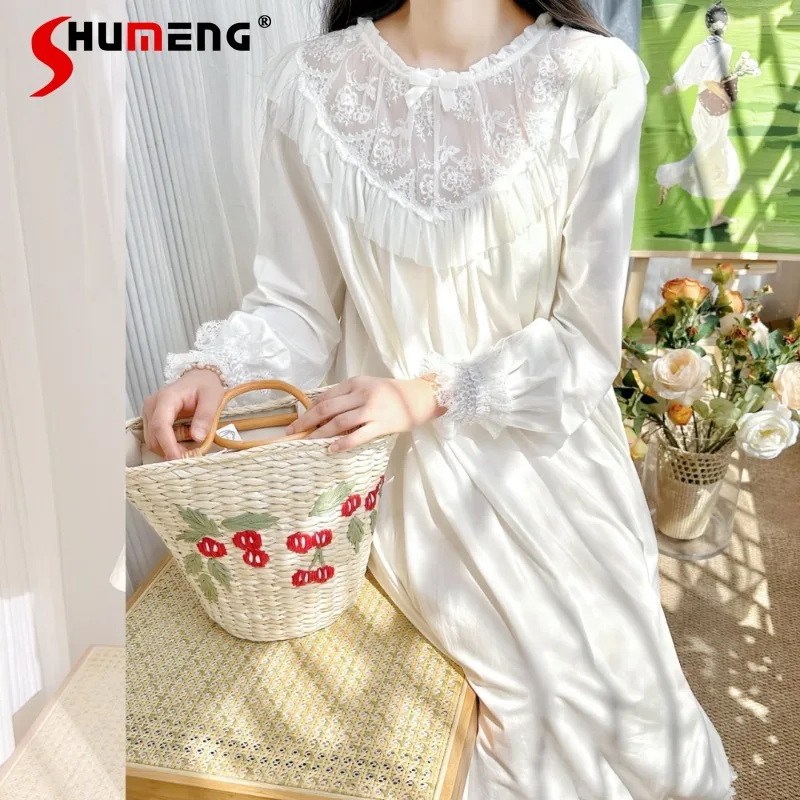 

Spring Autumn Court Style Long Sleeve Nightdress Female White Princess Sexy Loose Sleepshirts Women Cotton Elegant Nightgown