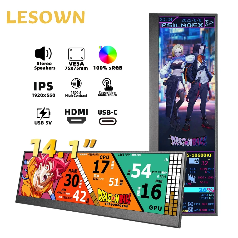 LESOWN 12.6 14.1inch Stretched Bar LCD Monitor 100%sRGB USB C HDMI 1920x550 IPS PC Temp Sensor Panel Display External Sub Screen