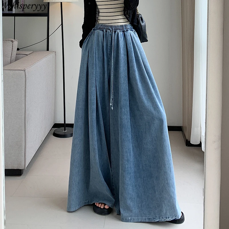 Lantern Jeans Women Autumn New Loose Wide Legs Pants Female Thin Casual Elastic Waist Drawstring Cowboy Trousers