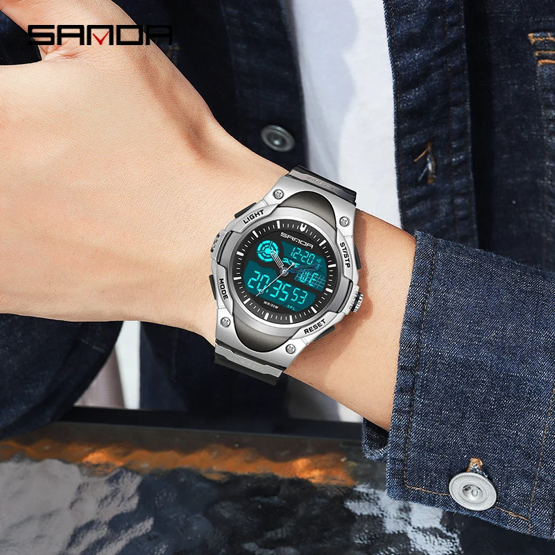 SANDA Mens Electronic Watch Mens Dual Display Clock Business Male Watches 50M Waterproof Men Wrist For G style Relogio Masculino