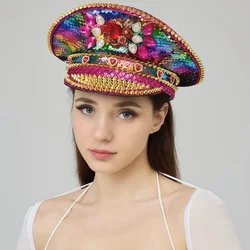 HongLuan 100% Polyester Rhinestone Women Hat Handmade Occidental style Festival Captain Hat Unisex Military Cap Masquerade