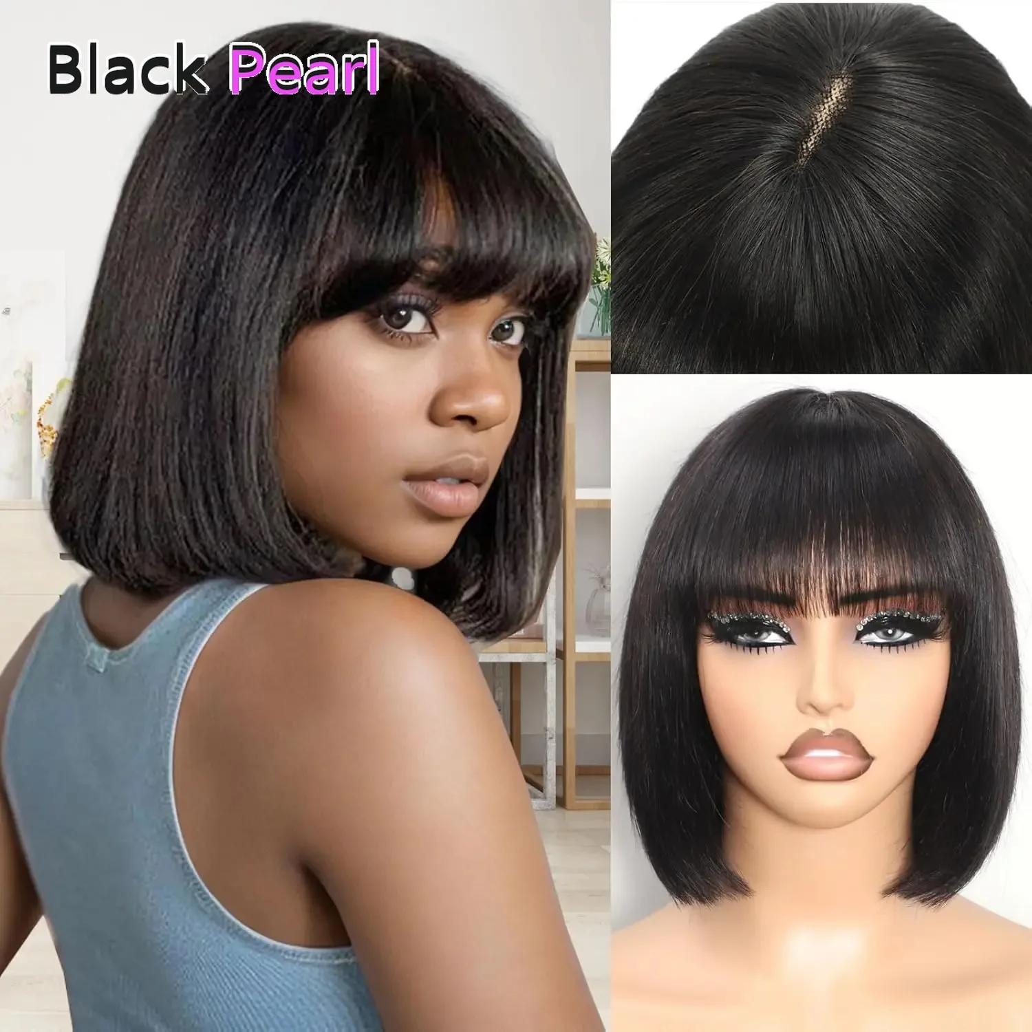 

Short Straight Bob Wig with Bangs Human Hair Glueless 3x1 Realistic Scalp Lace Wigs Natural Black Bob Wig Human Hair With Bangs