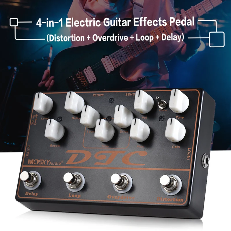 MOSKYAudio DTC 4-in-1 Electric Guitar Effects Pedal Distortion + Overdrive + Loop + Delay