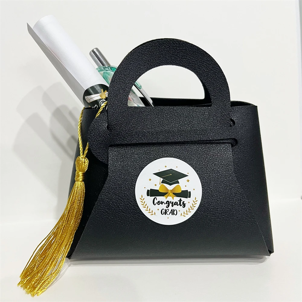 12pcs Black Leather Gift Bags Graduation Season Theme Congrats Grad Candy Packing Bag 2024 Congratulation Graduation Party Decor