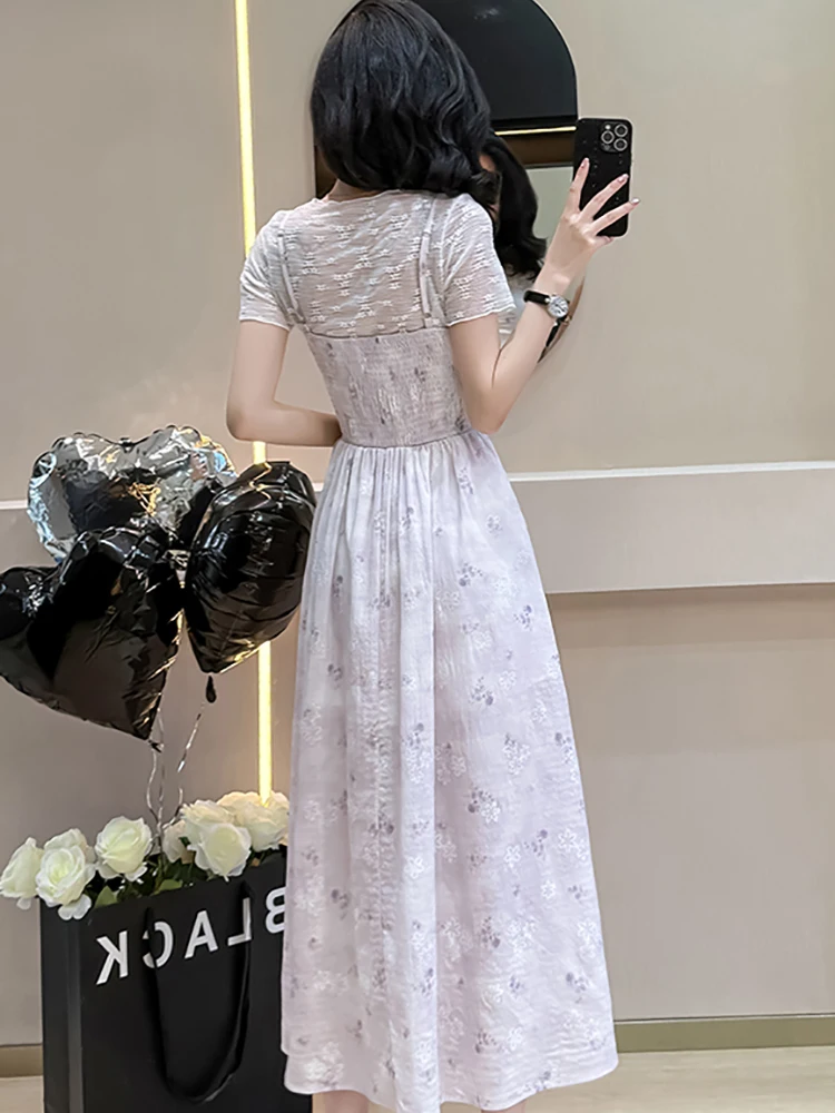 المرأة الأزهار تكدرت فستان بكتافة + الدانتيل الجاكار قميص حريمي قطعتين مجموعات 2025 الصيف الكورية خمر الفاخرة Bodycon فستان الدعاوى