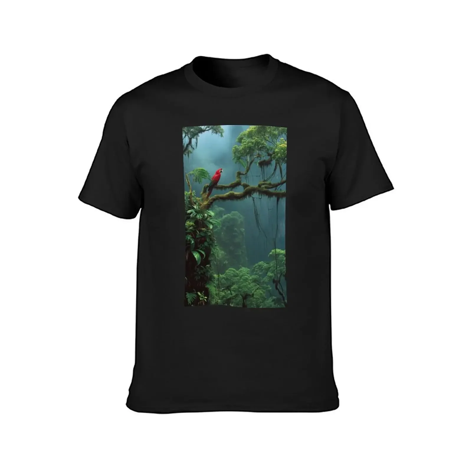 Emerald Perch: Scarlet Macaw in the Rainforest T-Shirt oversizeds korean fashion hippie clothes designer t shirt men