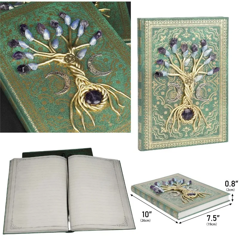 Retro Magic Notebook 3D Relief Sculpture Flying Horse Pentagram Inlaid With Natural Crystal Stone Thickened Multi Page Notebook