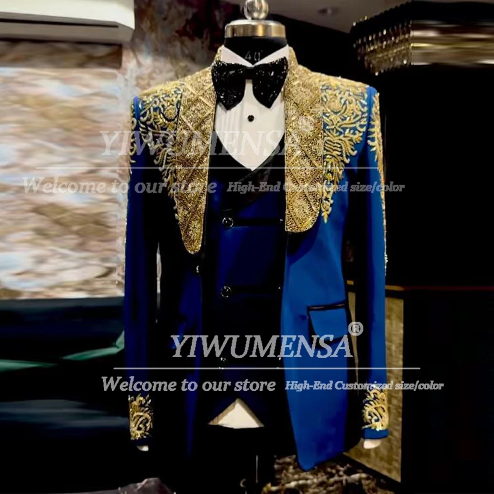 

Exclusive Jewelry Stones Men Suit Attire For Wedding 3 Piece Single Breasted Jacket Vest Pants Customized Beaded Groom Tuxedos