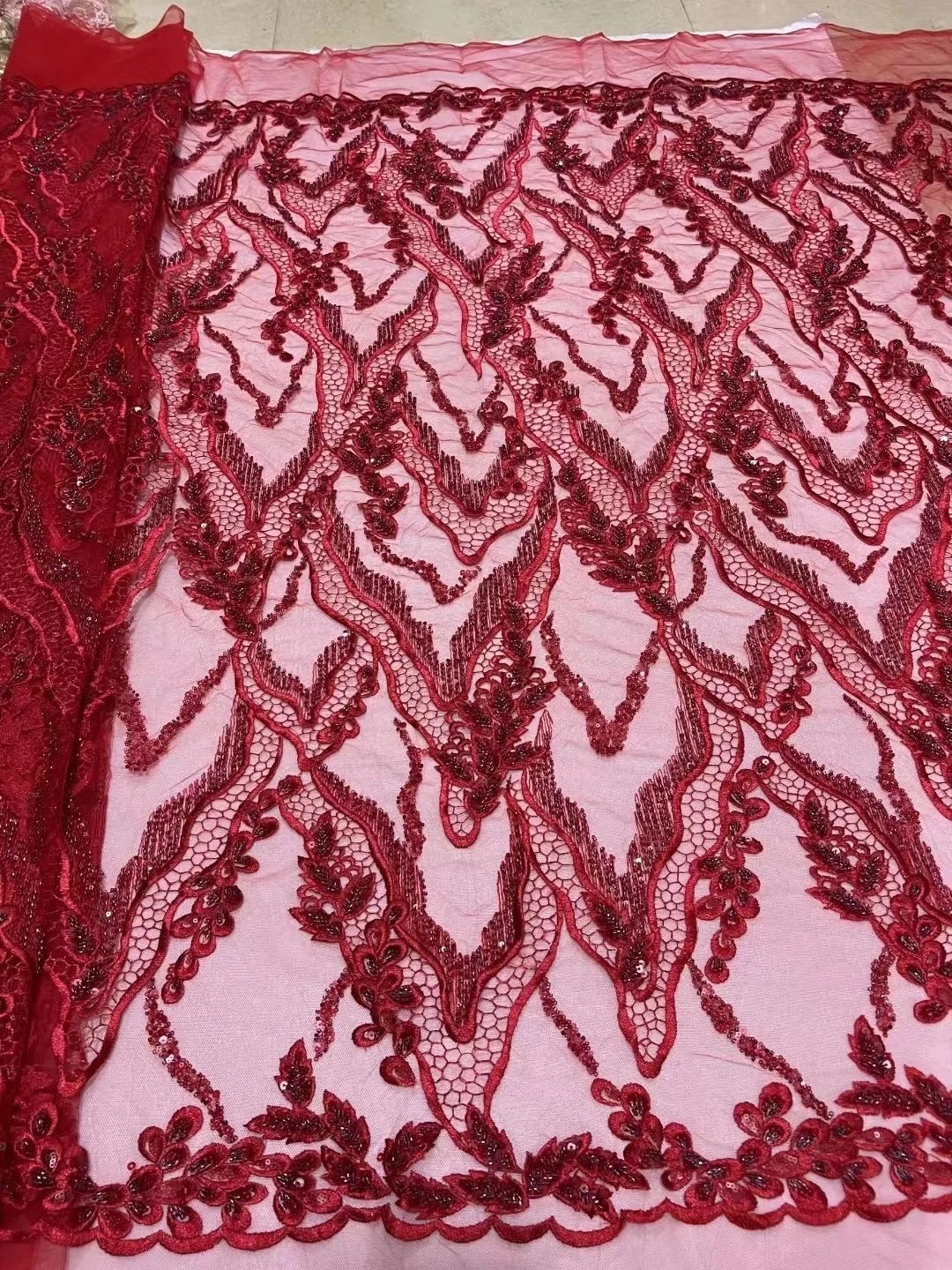 

Red African Lace Fabric With Sequins Embroidery French Mesh Net Lace Fabric High Quality Nigerian Lace Material For Wedding