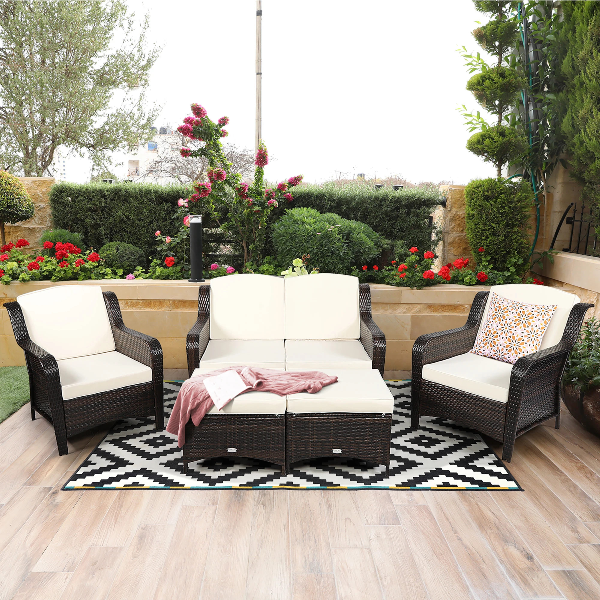 

5PCS Patio Rattan Furniture Set Loveseat Sofa Ottoman Off White Cushion