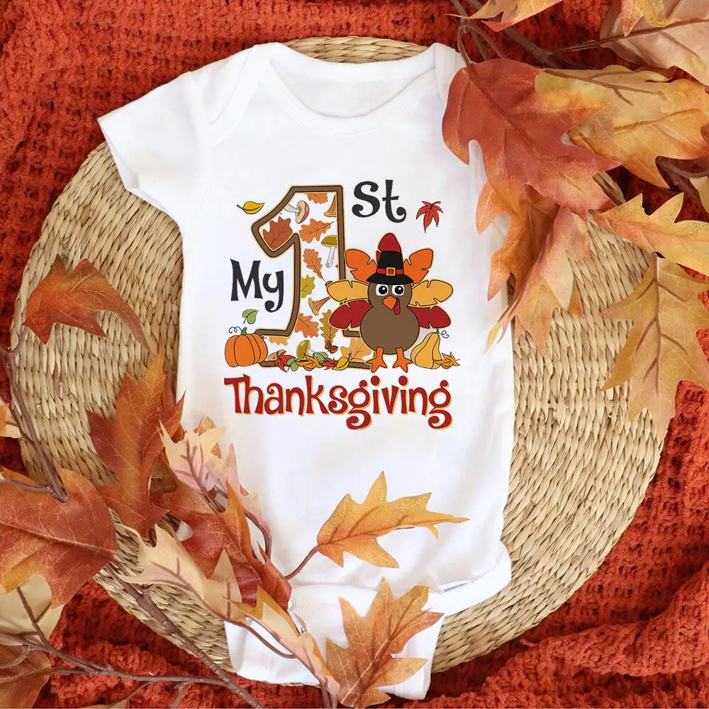 

My 1st Thanksgivin Turkey Printed Baby Romper Fall Pumpkin Holiday Party Infant Outfit Bodysuit Newborn Short Sleeve Jumpsuit