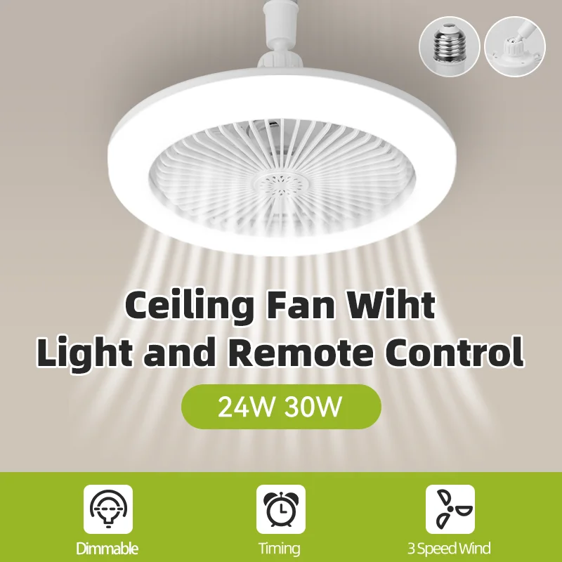 Ceiling Fan With Light And Remote Control 30W 24W Ceiling Fan Focus E27 Base For Kids Room Tool Room Bedroom Silent 110V 220V