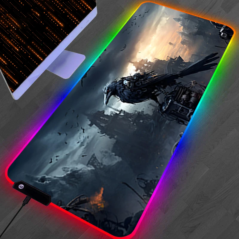RGB LED Mouse Pad Laptop Rubber Extended Pad Desk Mouse Mat Computer Gamer Cartoon HD Mousepad PC Accessories Crow Keyboard Pad