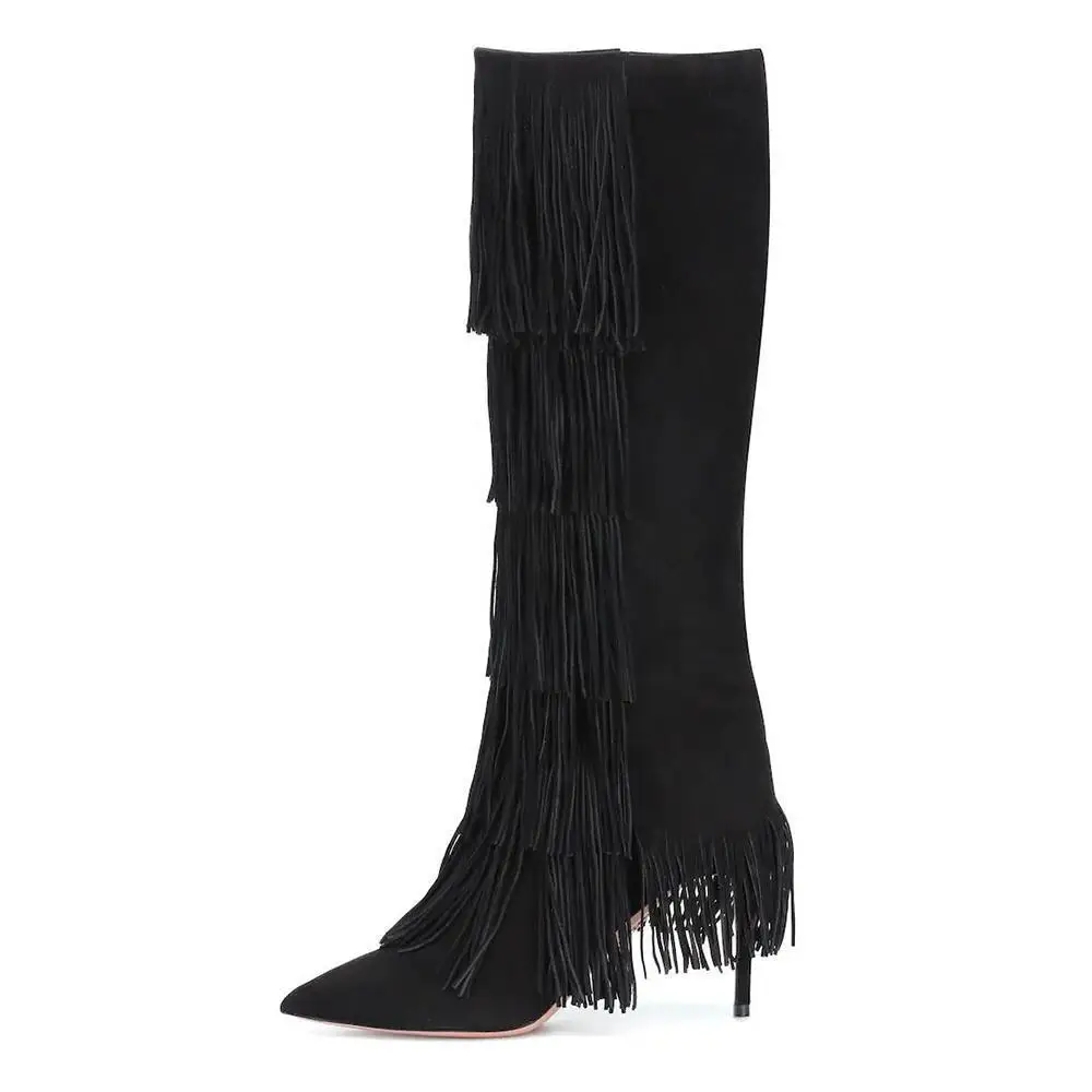 جديد أسود من جلد الغزال وأشار Stile شرابة موضة حذاء برقبة للركبة أحذية النساء Zapatos Mujer
